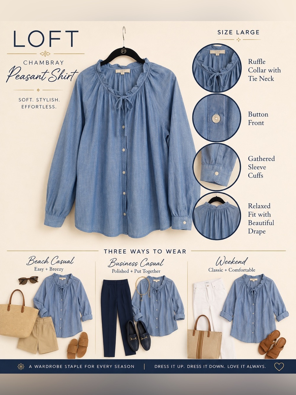LOFT Light Blue Chambray Peasant Button-Down Shirt